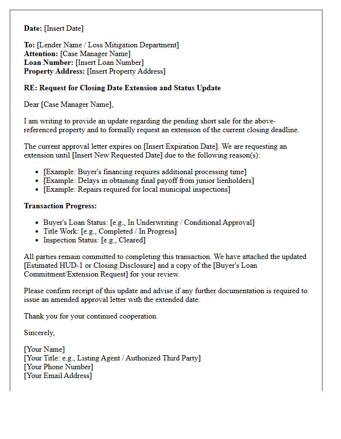 Closing Extension Short Sale Bank Status Update Letter