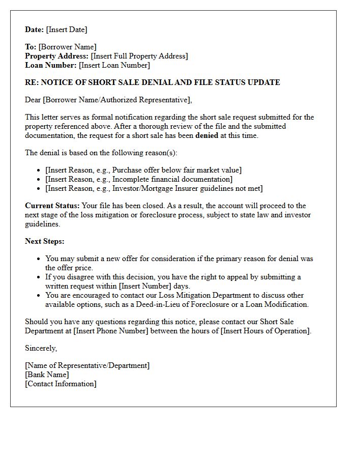 File Denial Short Sale Bank Status Update Letter