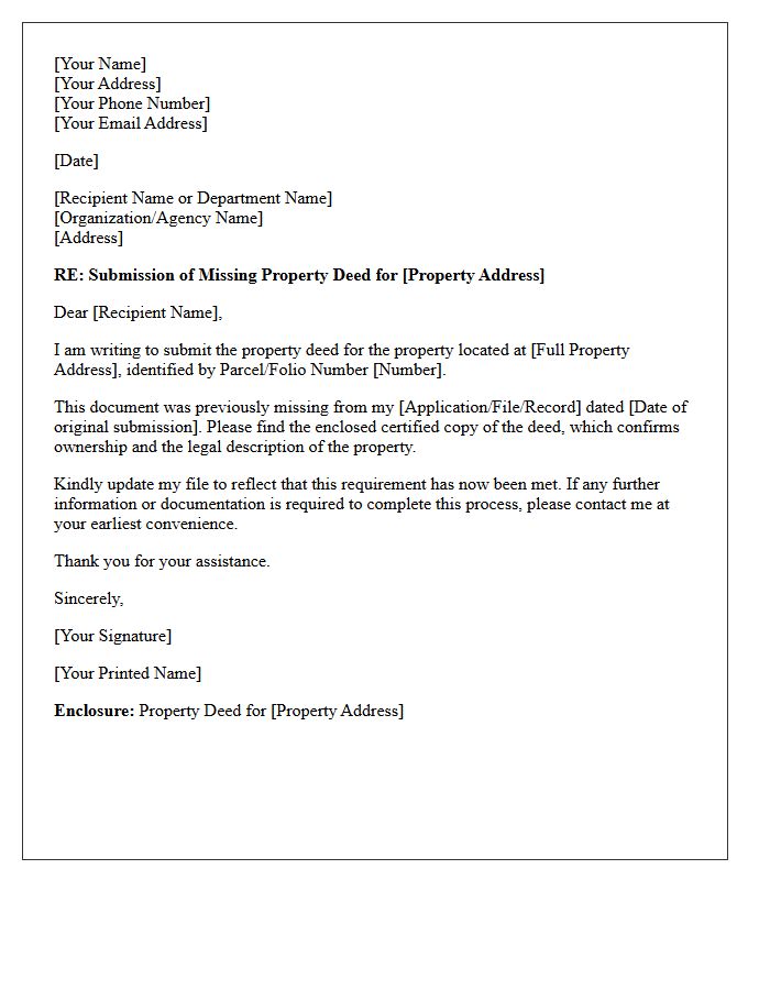 Missing Property Deed Submission Cover Letter
