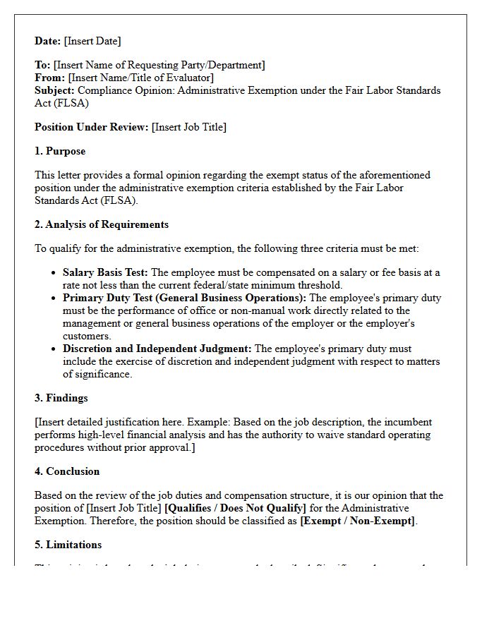 Administrative Exemption Compliance Opinion Letter
