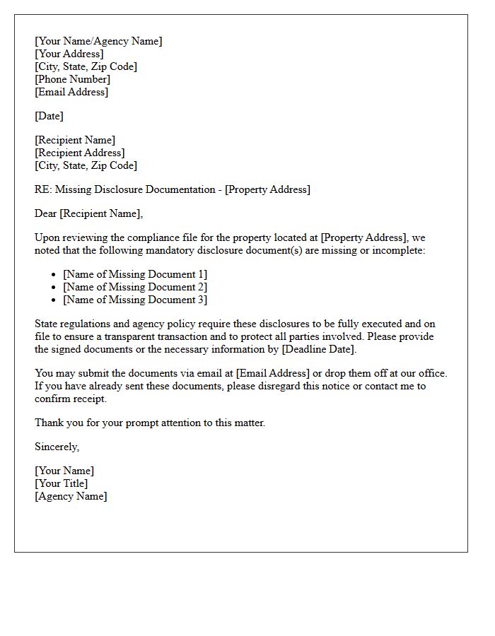 Real Estate Agency Disclosure Missing Document Letter