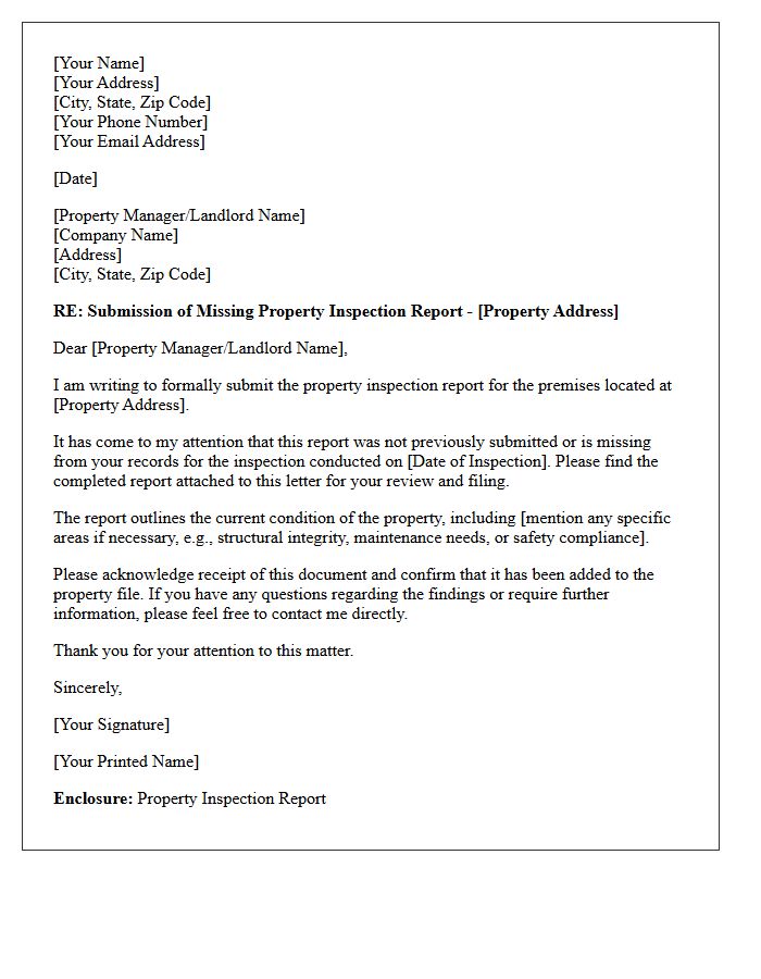 Missing Property Inspection Report Submission Letter