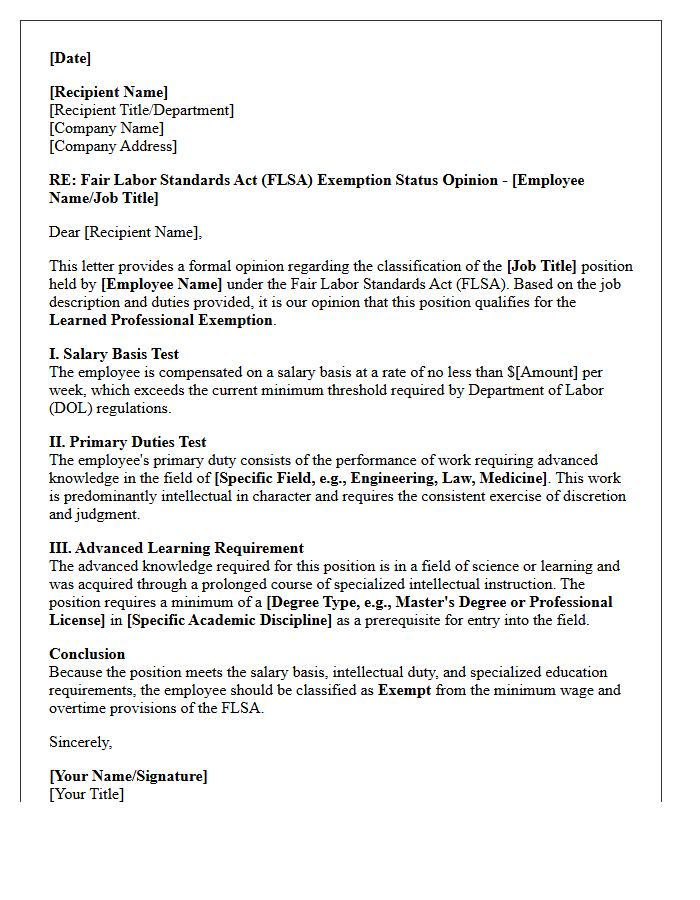 Learned Professional Exemption Opinion Letter