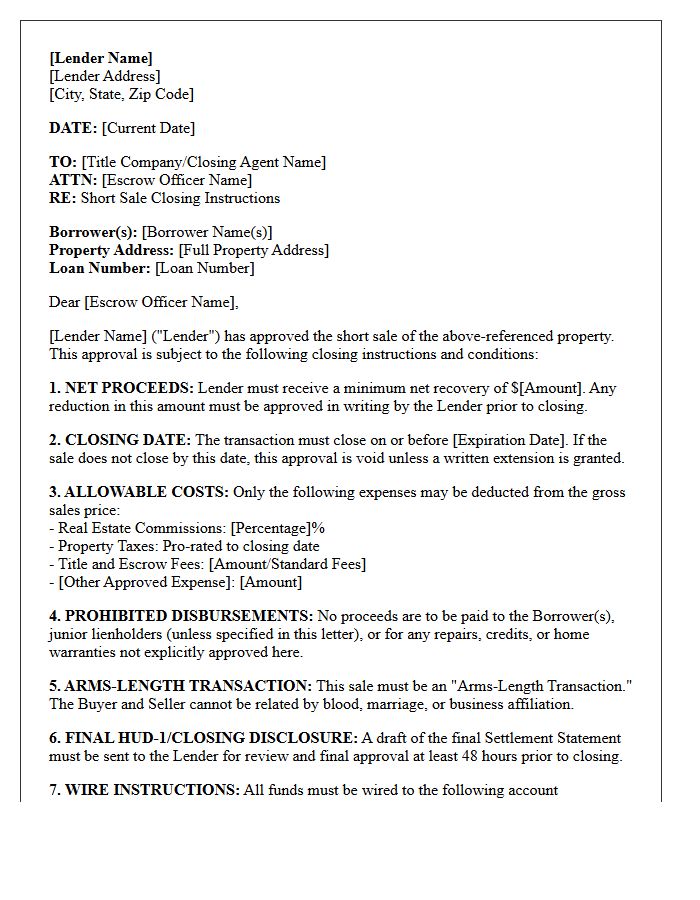 Lender Approval Short Sale Closing Instructions Letter