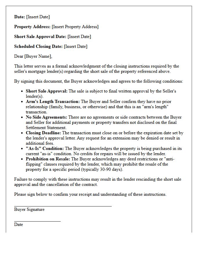 Buyer Acknowledgment Short Sale Closing Instructions Letter