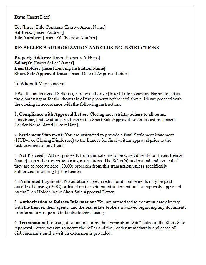 Seller Authorization Short Sale Closing Instructions Letter