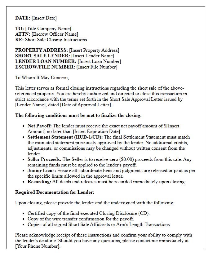 Title Company Short Sale Closing Instructions Letter