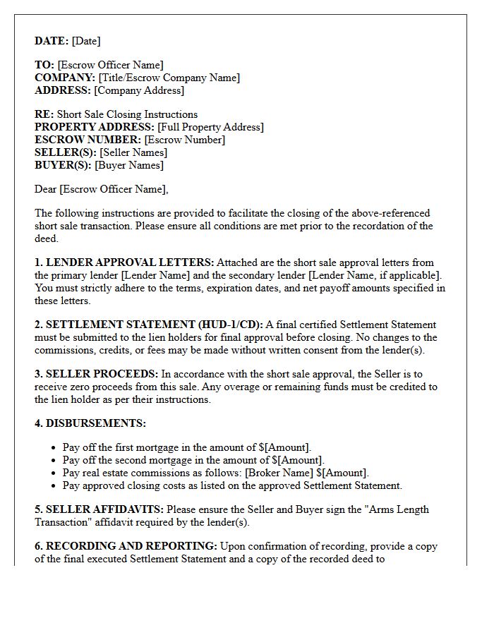 Escrow Officer Short Sale Closing Instructions Letter