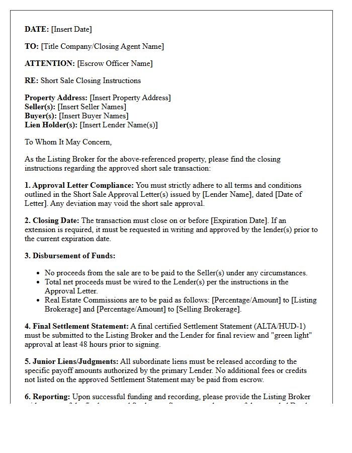 Listing Broker Short Sale Closing Instructions Letter