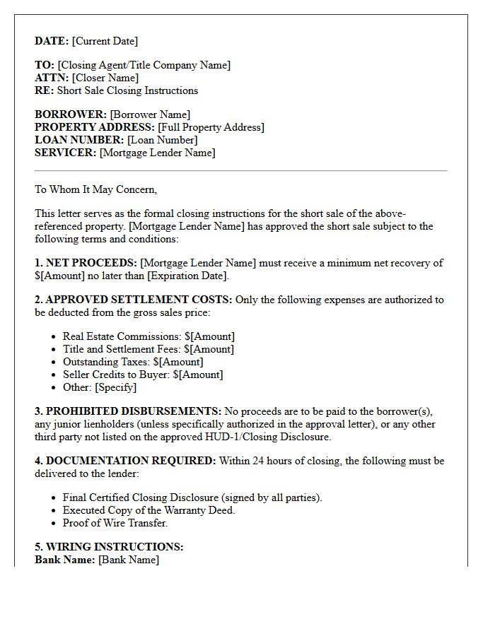 First Mortgage Short Sale Closing Instructions Letter