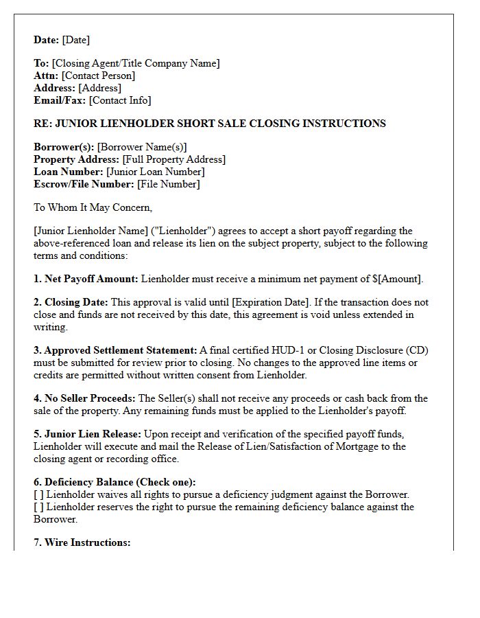 Junior Lienholder Short Sale Closing Instructions Letter
