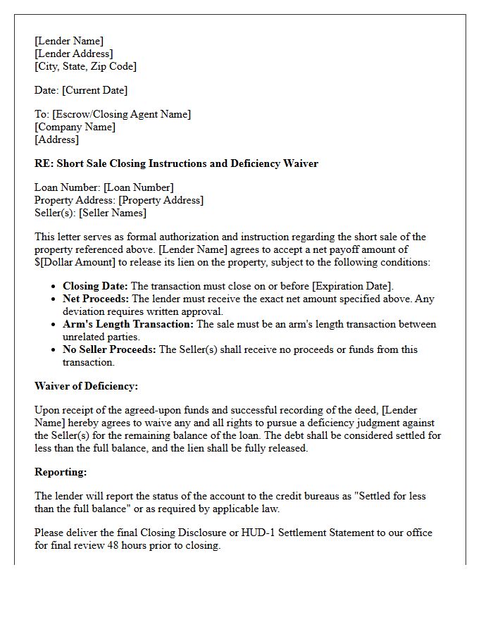 Deficiency Waiver Short Sale Closing Instructions Letter
