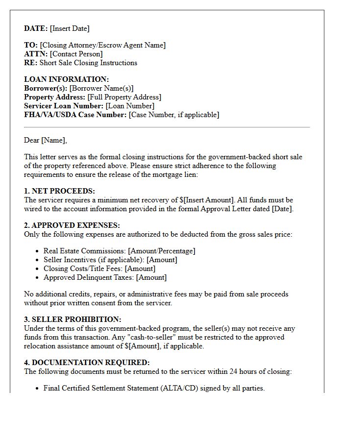 Government Backed Short Sale Closing Instructions Letter