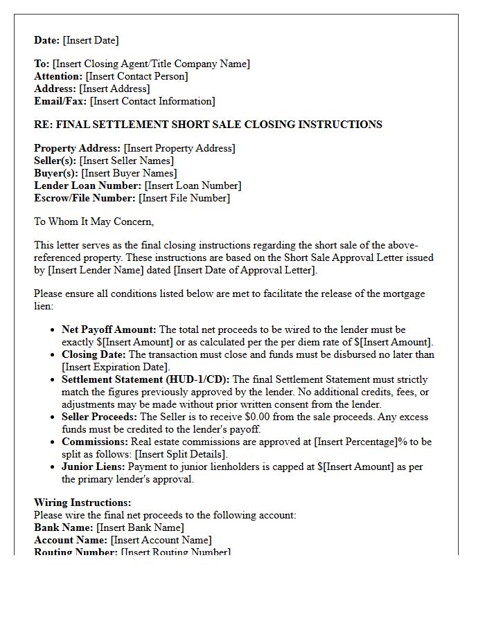 Final Settlement Short Sale Closing Instructions Letter