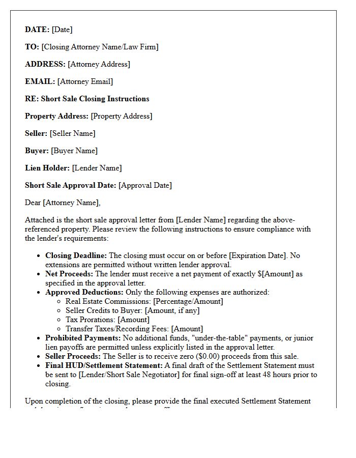 Closing Attorney Short Sale Instructions Letter