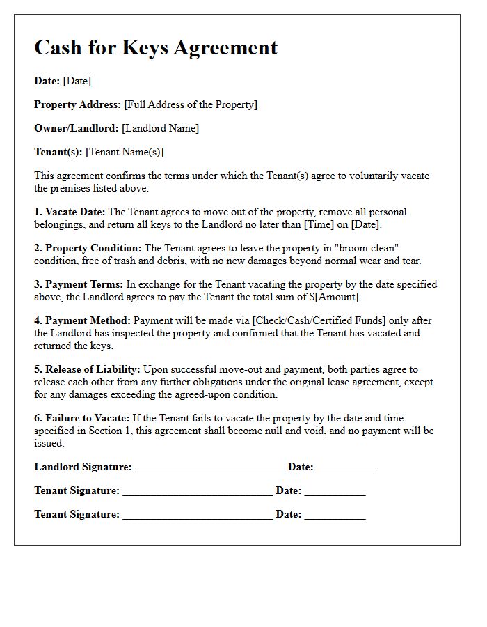 Standard Cash for Keys Agreement Letter