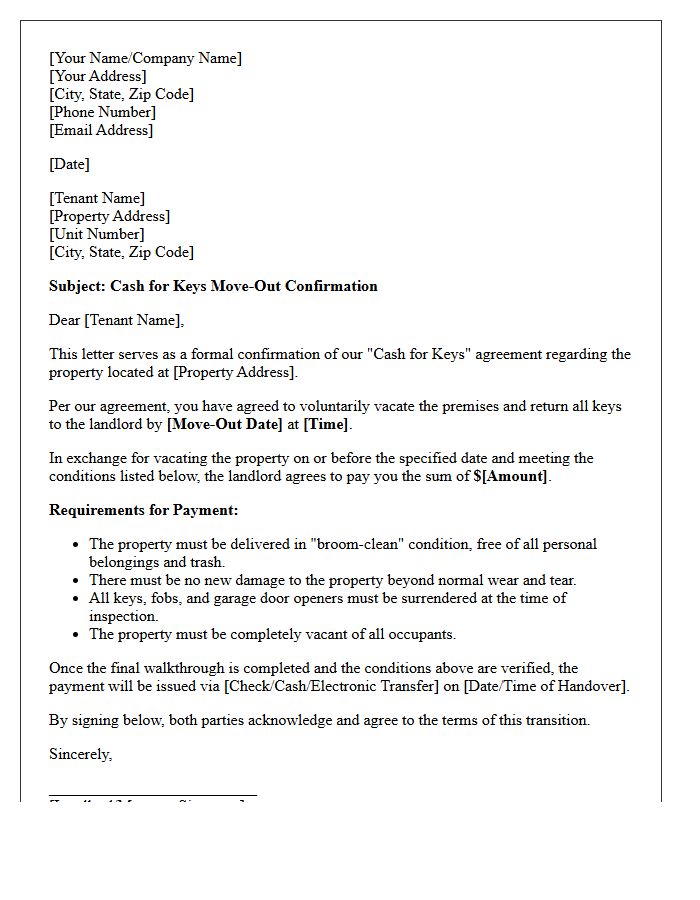 Cash for Keys Move-Out Confirmation Letter