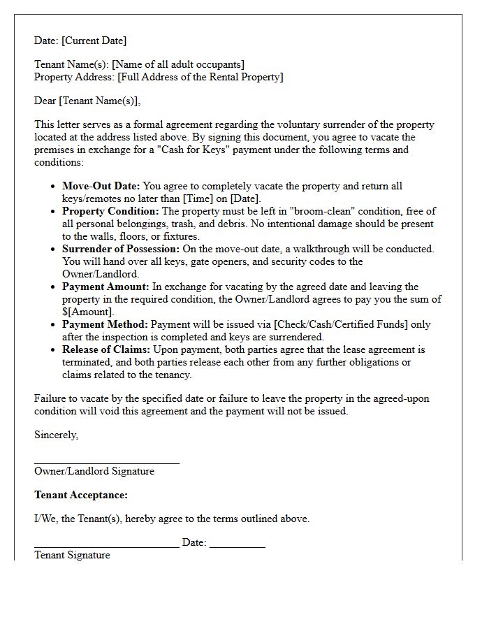 Cash for Keys Acceptance and Terms Letter