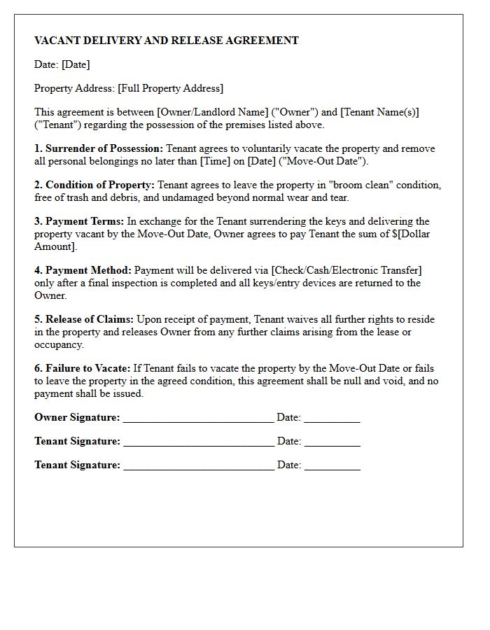 Vacant Delivery Cash for Keys Agreement Letter