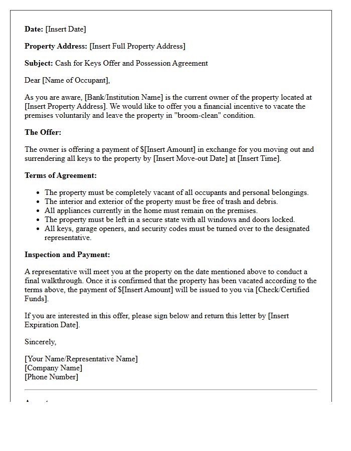 Bank-Owned Property Cash for Keys Letter