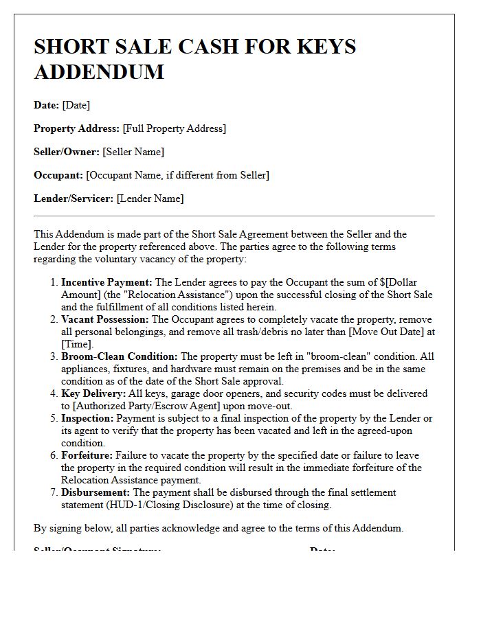 Short Sale Cash for Keys Addendum Letter
