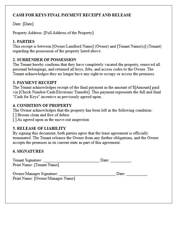 Cash for Keys Final Payment Receipt Letter