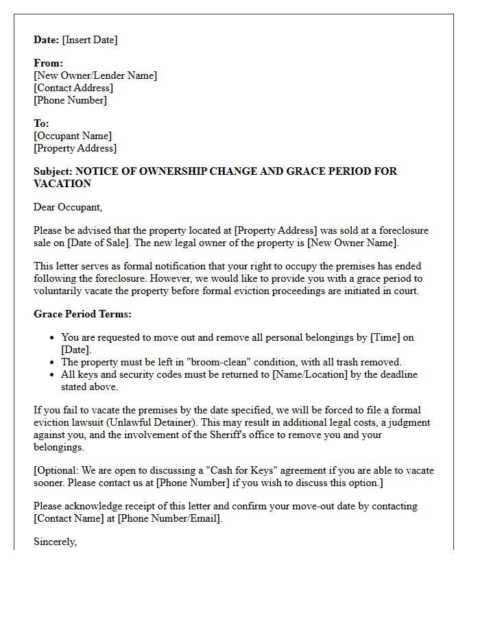 Post-Foreclosure Eviction Grace Period Letter