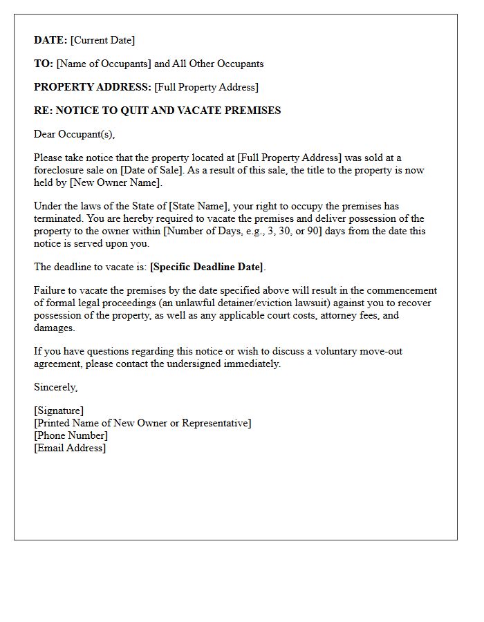 Notice To Vacate Post-Foreclosure Letter