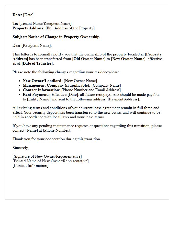 Notice Of Change In Property Ownership Letter