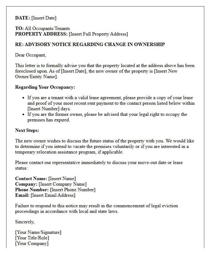 Foreclosed Property Occupant Advisory Letter