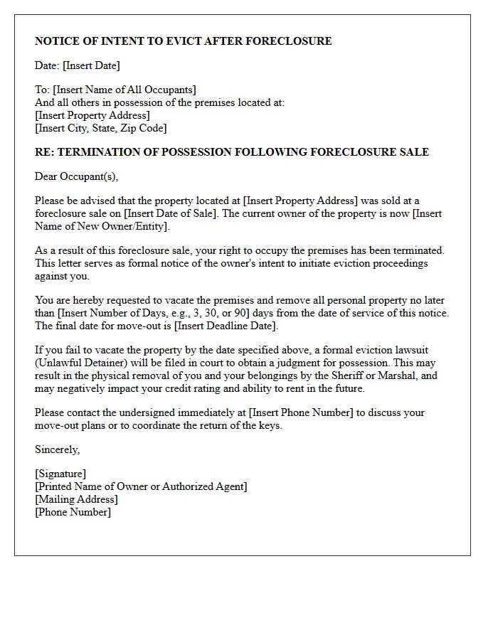Notice Of Intent To Evict Post-Foreclosure Letter