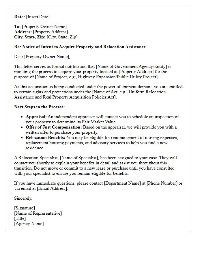Eminent Domain Homeowner Relocation Letter