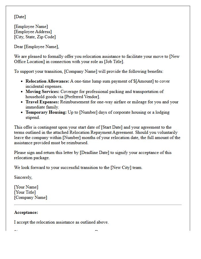 Corporate Relocation Assistance Offer Letter