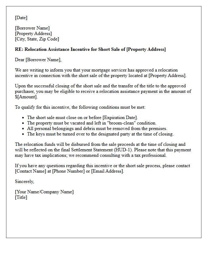 Short Sale Relocation Incentive Letter