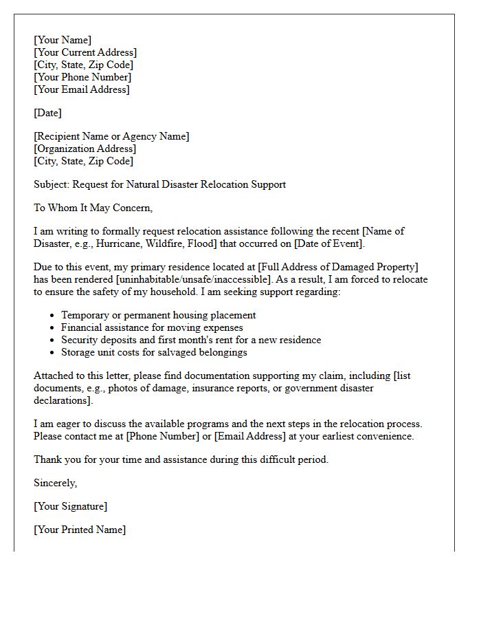 Natural Disaster Relocation Support Letter