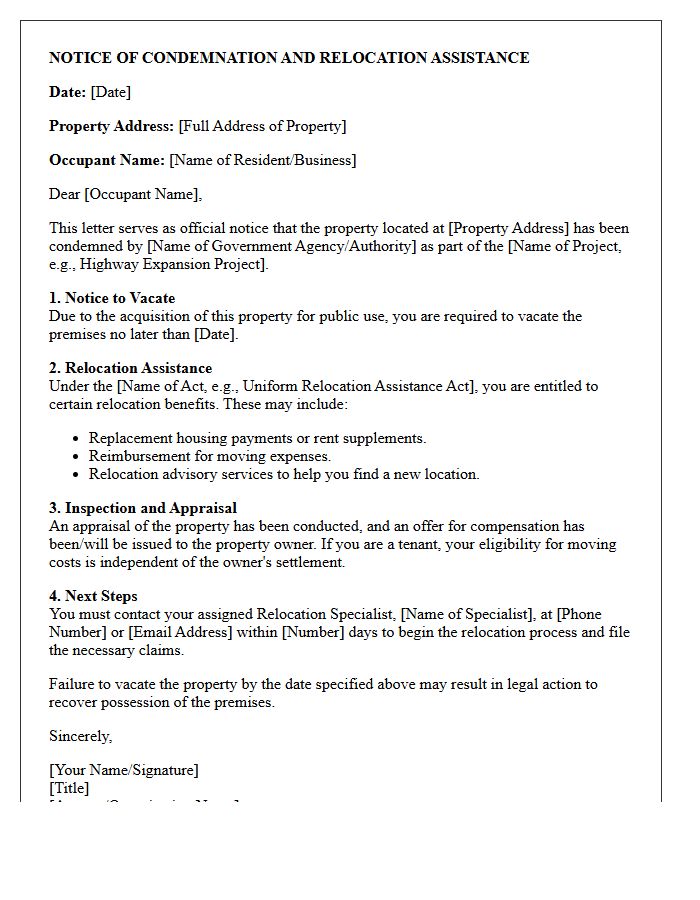 Property Condemnation Relocation Notice Letter