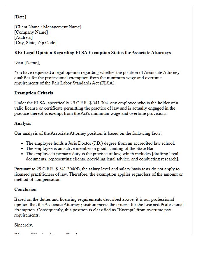 Associate Attorney Professional Exemption Opinion Letter