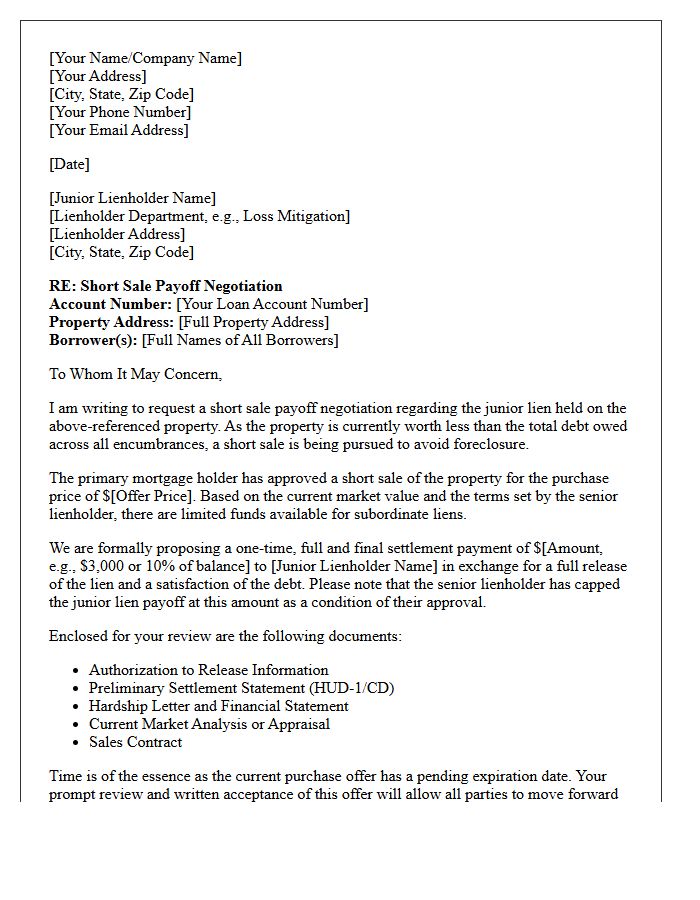 Short Sale Junior Lienholder Payoff Negotiation Letter