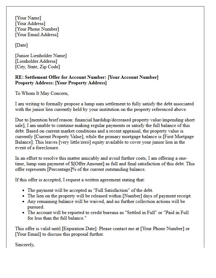 Lump Sum Settlement Junior Lienholder Payoff Negotiation Letter