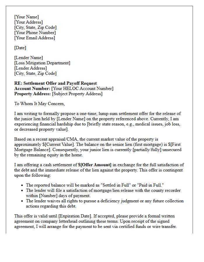 Home Equity Line Junior Lienholder Payoff Negotiation Letter