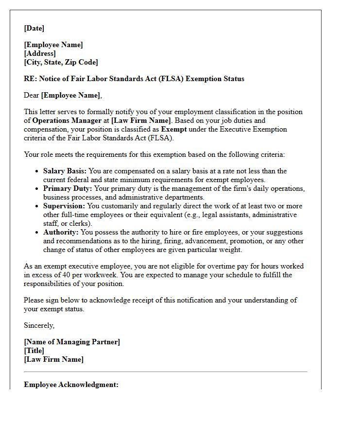 Law Firm Operations Manager Executive Exemption Letter