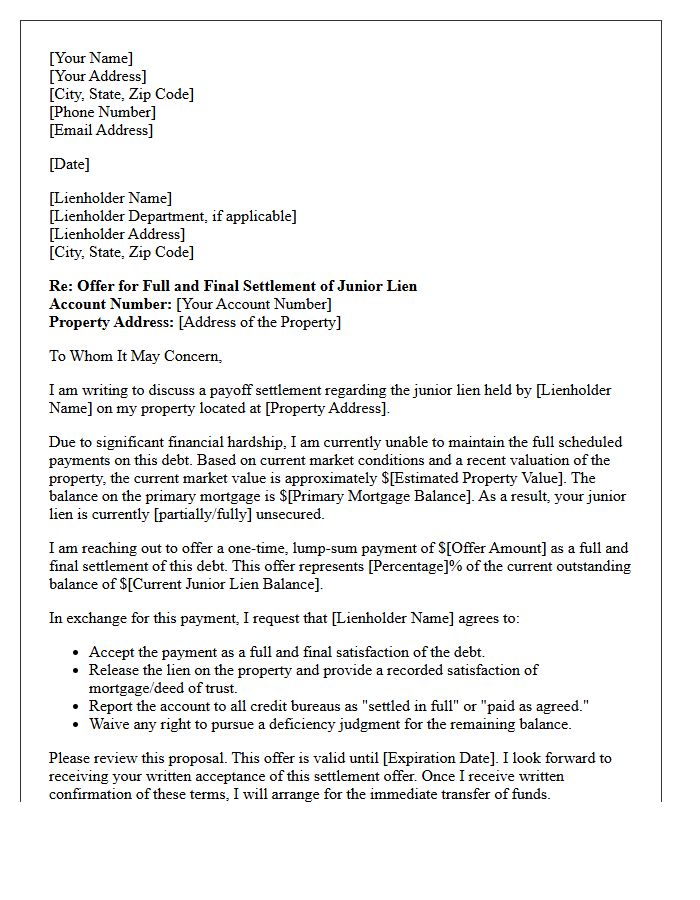 Debt Forgiveness Junior Lienholder Payoff Negotiation Letter