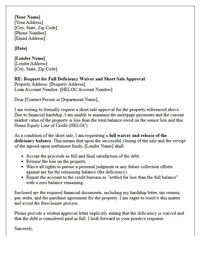 HELOC Short Sale Deficiency Forgiveness Letter