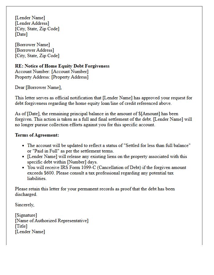 Lender Approved Home Equity Debt Forgiveness Letter