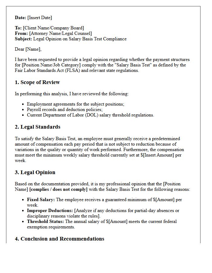 Salary Basis Test Compliance Opinion Letter