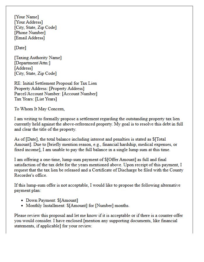 Initial Residential Tax Lien Settlement Proposal Letter