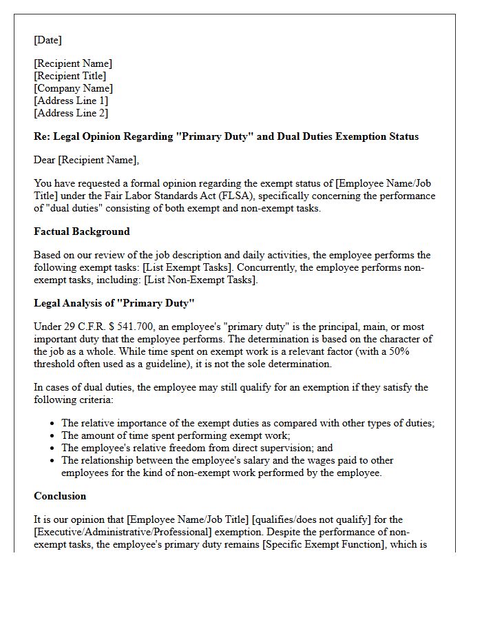 Dual Duties And Primary Duty Exemption Opinion Letter