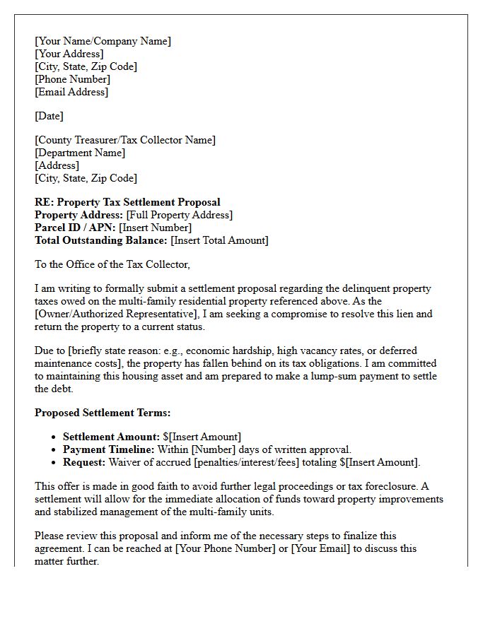 Multi-Family Real Estate Tax Lien Settlement Proposal Letter