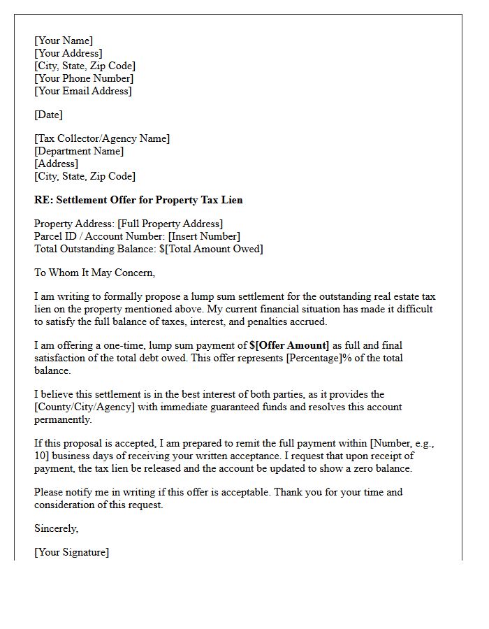 Lump Sum Real Estate Tax Lien Settlement Proposal Letter