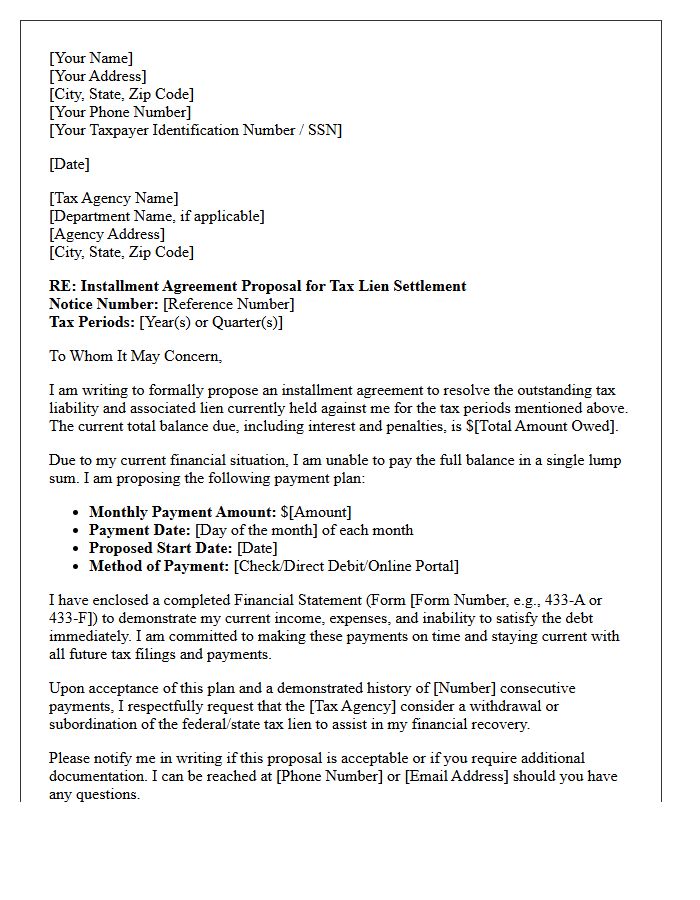 Installment Plan Tax Lien Settlement Proposal Letter